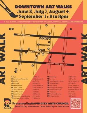 Map of destinations participating in Downtown Art Walks presented by the Rapid City Arts Council.